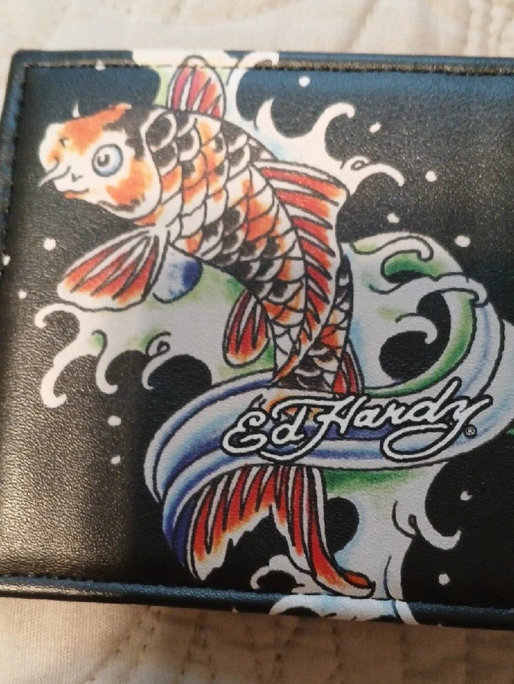 Ed Hardy Black Wallet with Orange & Red Koi Fish Design